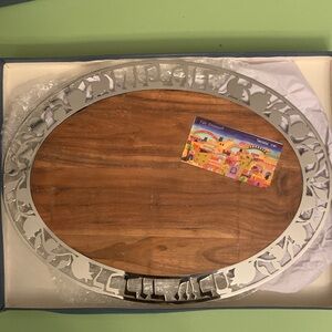 Yair Emmanuel Challah Cutting Board Oval Wooden Tray with Decorative Silver Edge